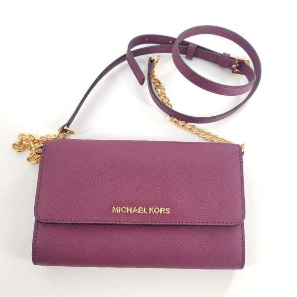 MICHAEL KORS Wallet Saffiano Leather Purse Crossbody Clutch Jet Set Chain Strap - Picture 1 of 4